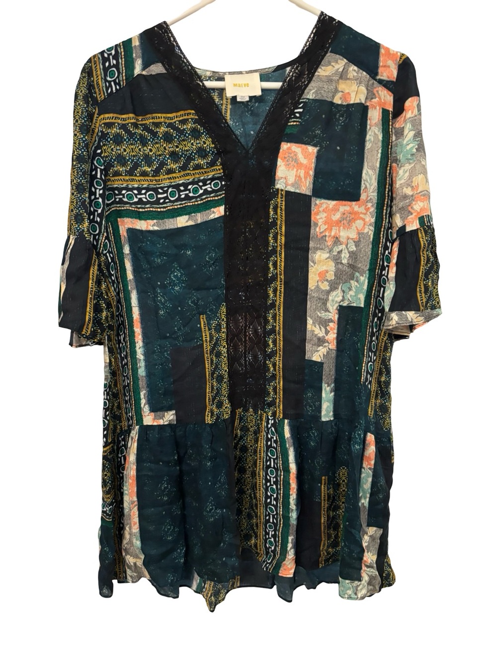 Maeve Teal Multi patchwork Print V-Neck Tunic with Black Lace Trim XSP